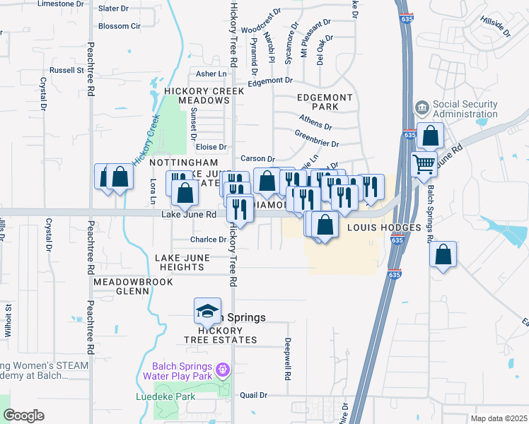 map of restaurants, bars, coffee shops, grocery stores, and more near 12053 Lake June Road in Balch Springs