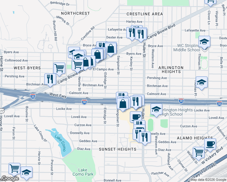 map of restaurants, bars, coffee shops, grocery stores, and more near 4815 Birchman Avenue in Fort Worth