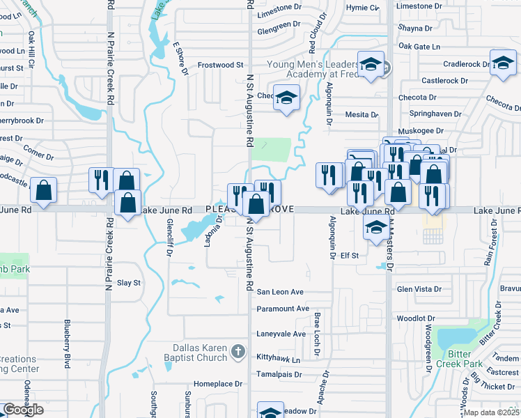 map of restaurants, bars, coffee shops, grocery stores, and more near 9609 Lake June Road in Dallas