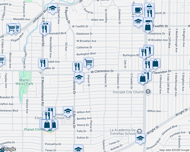 map of restaurants, bars, coffee shops, grocery stores, and more near 2746 West Clarendon Drive in Dallas
