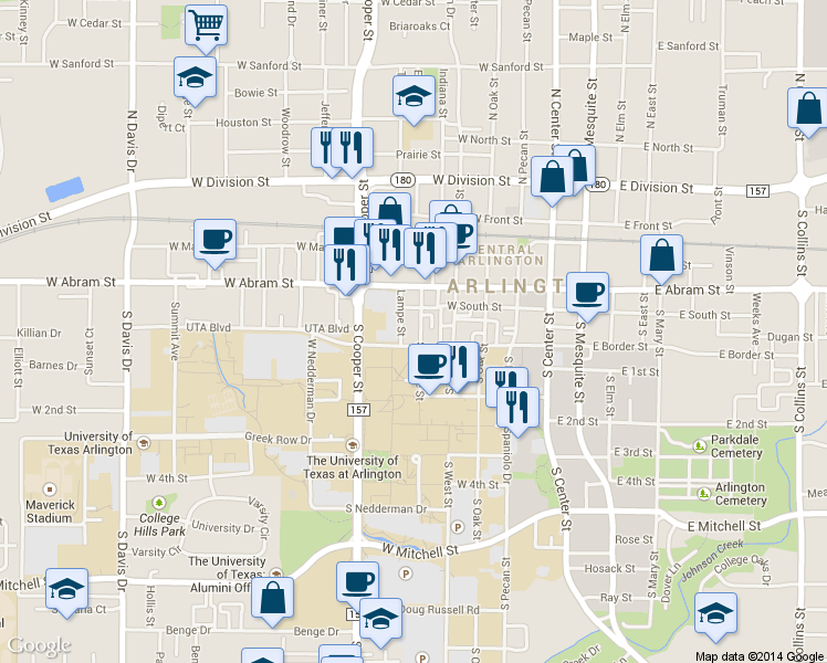 map of restaurants, bars, coffee shops, grocery stores, and more near 303 Lampe Street in Arlington