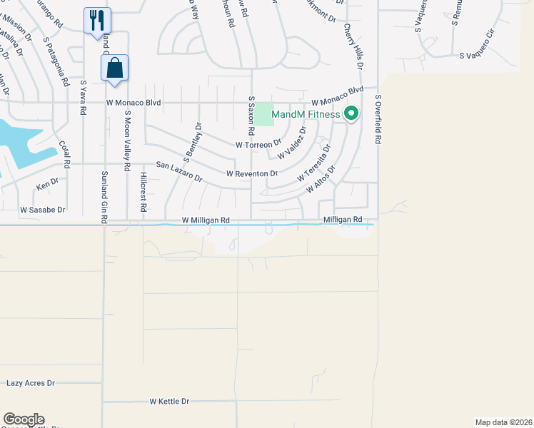 map of restaurants, bars, coffee shops, grocery stores, and more near 8721 West Altos Drive in Arizona City