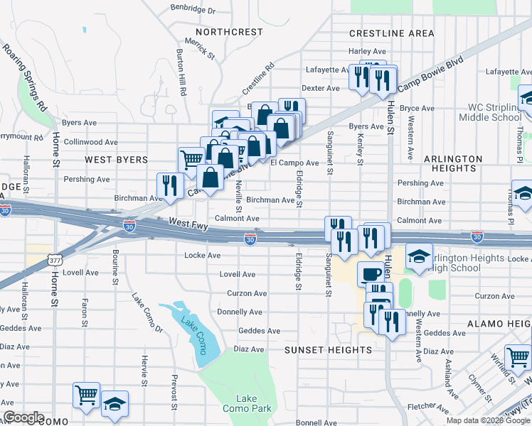 map of restaurants, bars, coffee shops, grocery stores, and more near 4937 Birchman Avenue in Fort Worth