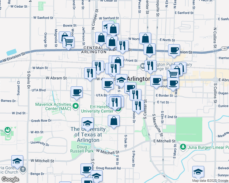 map of restaurants, bars, coffee shops, grocery stores, and more near 300 South West Street in Arlington