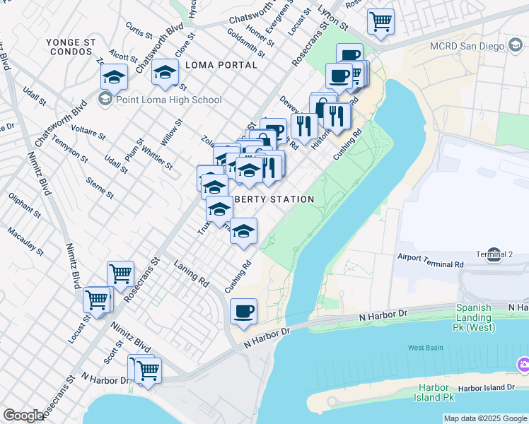 map of restaurants, bars, coffee shops, grocery stores, and more near 2750 Womble Road in San Diego