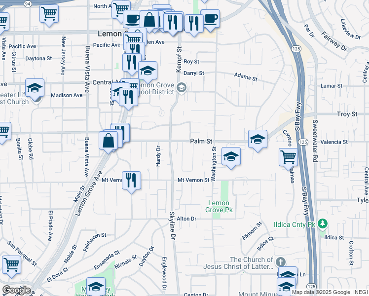 map of restaurants, bars, coffee shops, grocery stores, and more near 2571 Crestline Drive in Lemon Grove
