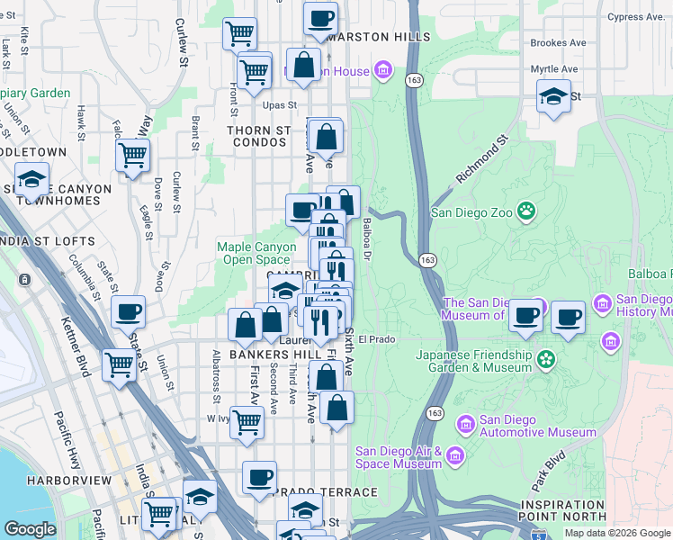 map of restaurants, bars, coffee shops, grocery stores, and more near 525 Olive Street in San Diego