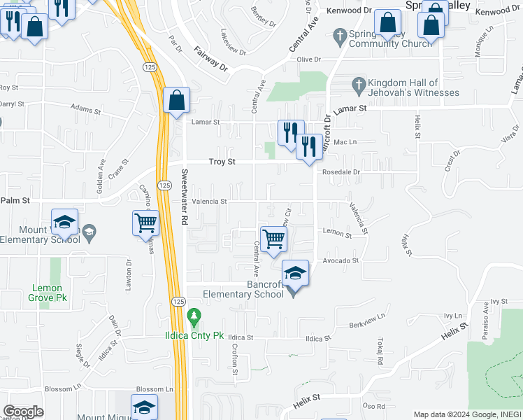 map of restaurants, bars, coffee shops, grocery stores, and more near 2625 Central Avenue in Spring Valley