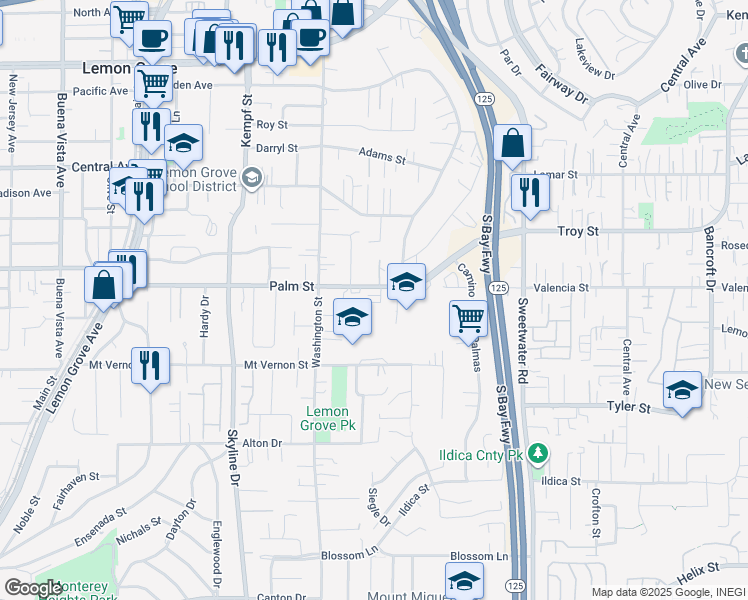 map of restaurants, bars, coffee shops, grocery stores, and more near 8337 Palm Street in Lemon Grove