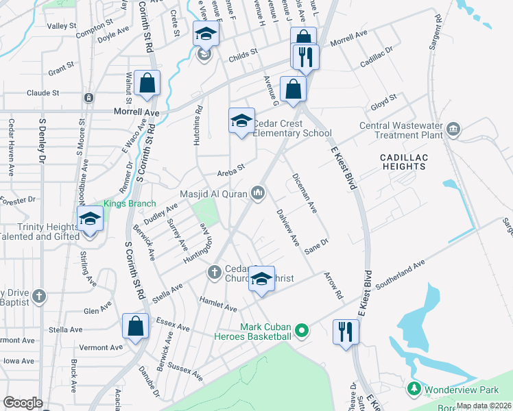map of restaurants, bars, coffee shops, grocery stores, and more near 2420 Cedar Crest Boulevard in Dallas