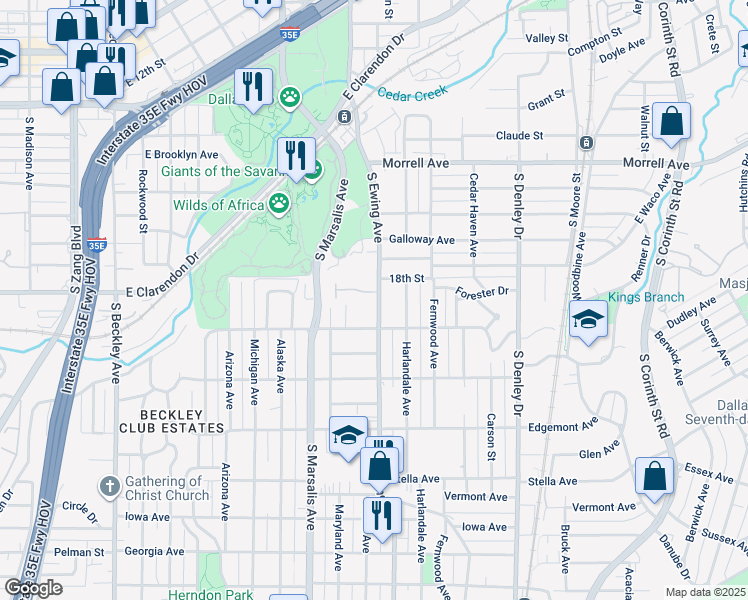map of restaurants, bars, coffee shops, grocery stores, and more near 1214 South Ewing Avenue in Dallas