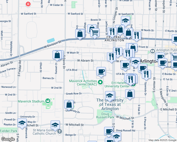 map of restaurants, bars, coffee shops, grocery stores, and more near 229 Kerby Street in Arlington