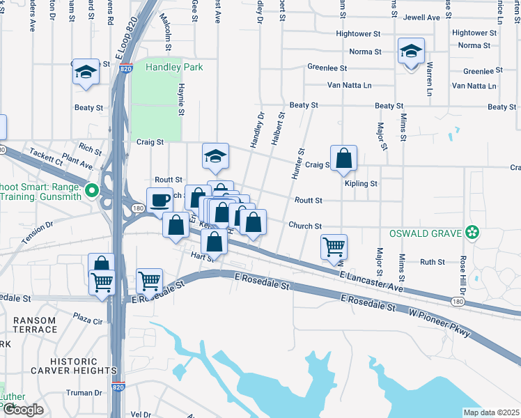 map of restaurants, bars, coffee shops, grocery stores, and more near 3012 Halbert Street in Fort Worth