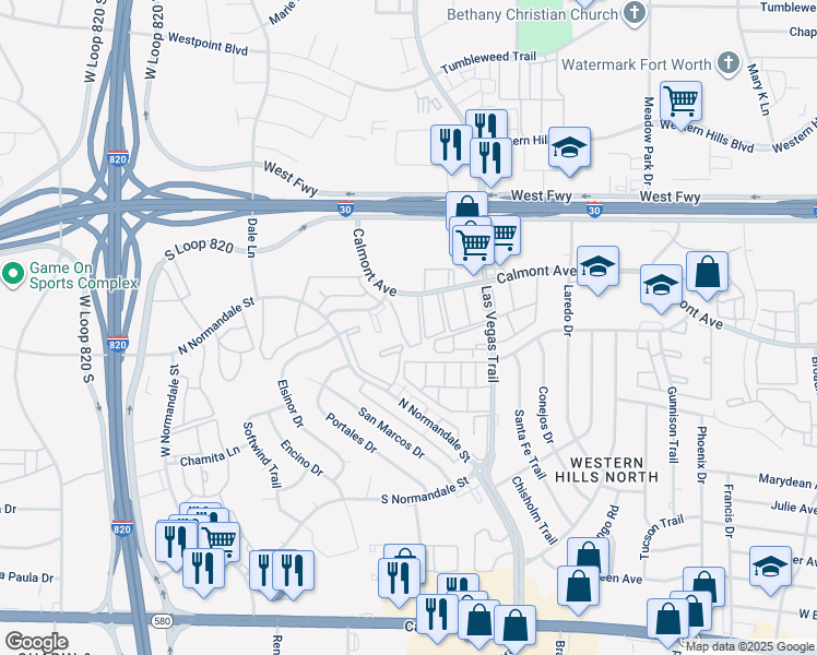 map of restaurants, bars, coffee shops, grocery stores, and more near 2832 Westwind Circle in Fort Worth