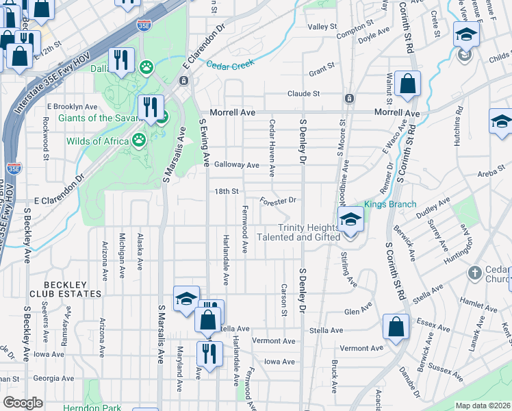 map of restaurants, bars, coffee shops, grocery stores, and more near 1231 Whitaker Avenue in Dallas