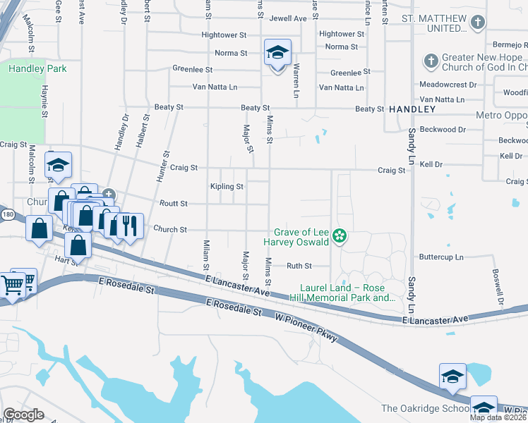 map of restaurants, bars, coffee shops, grocery stores, and more near 3001 Mims Street in Fort Worth