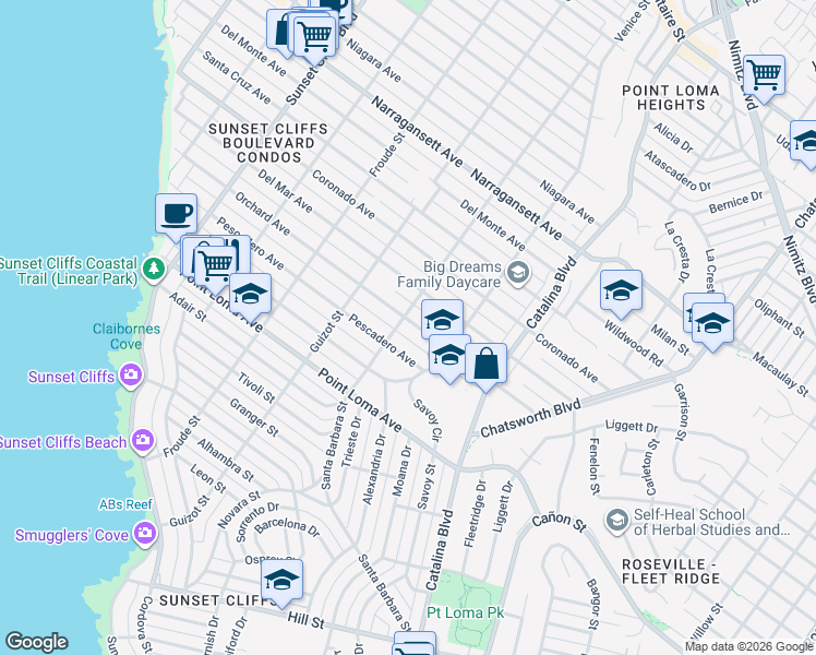 map of restaurants, bars, coffee shops, grocery stores, and more near 4385 Orchard Avenue in San Diego