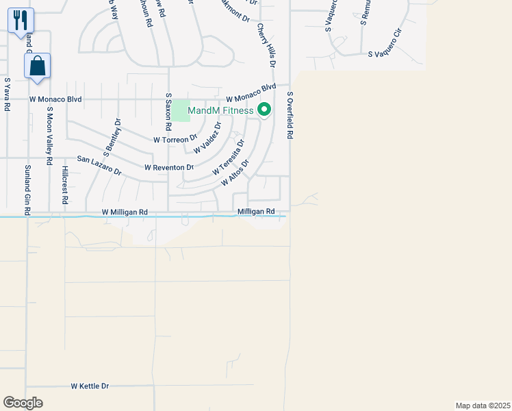 map of restaurants, bars, coffee shops, grocery stores, and more near 8371 West Mystery Drive in Arizona City
