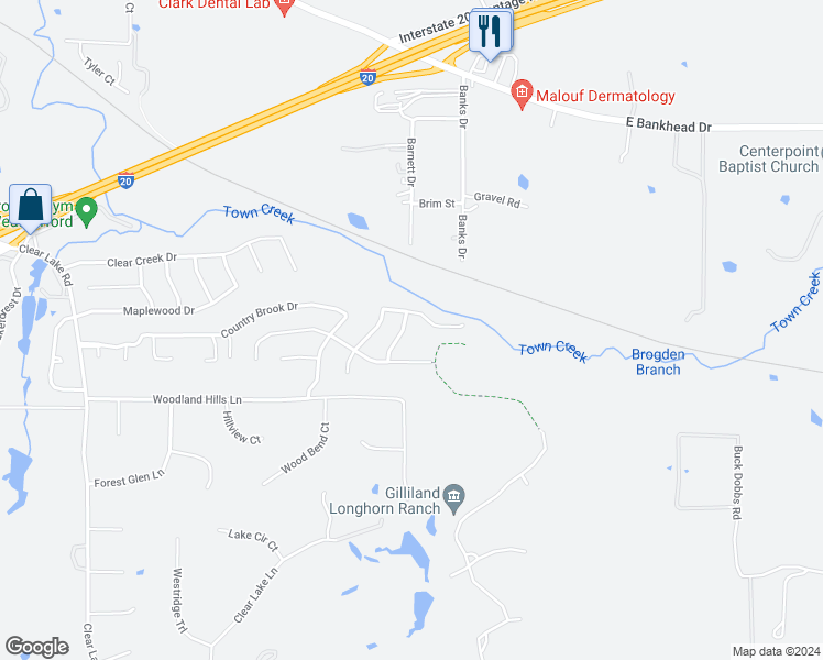 map of restaurants, bars, coffee shops, grocery stores, and more near 2209 Creek Side Drive in Weatherford