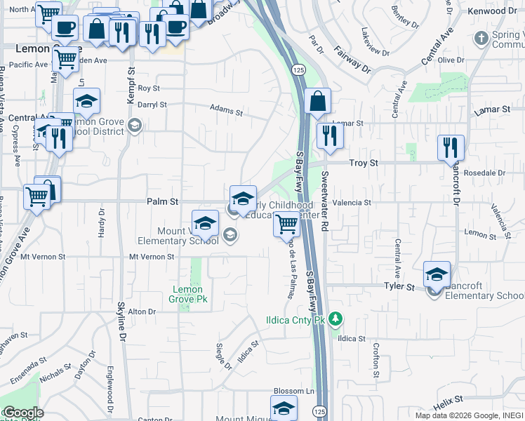 map of restaurants, bars, coffee shops, grocery stores, and more near 8579 Vista Azul in Lemon Grove