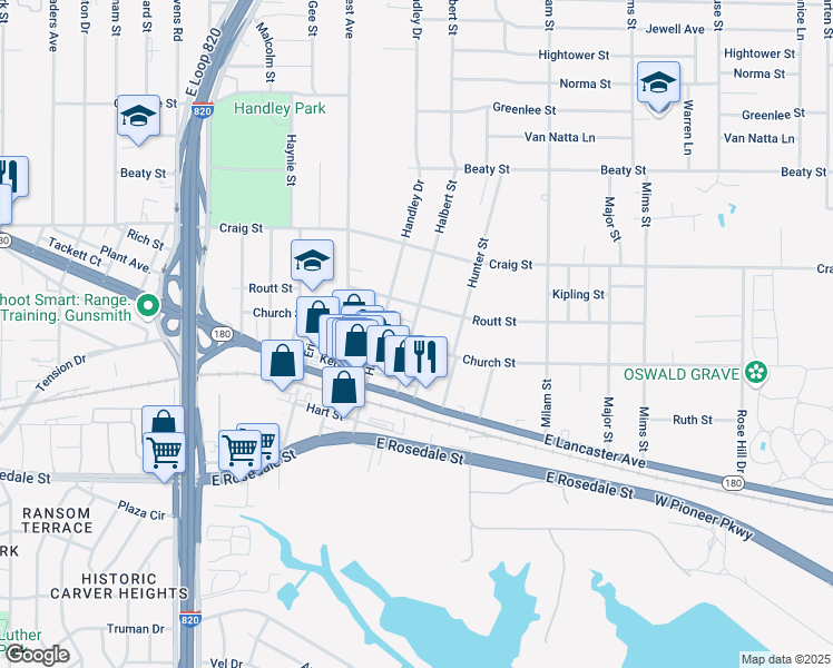 map of restaurants, bars, coffee shops, grocery stores, and more near 3012 Halbert Street in Fort Worth