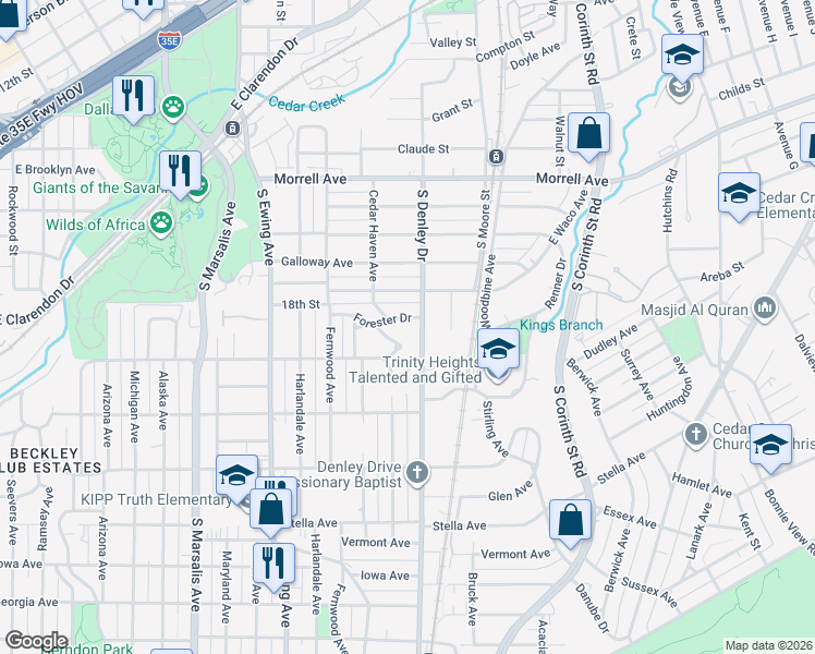 map of restaurants, bars, coffee shops, grocery stores, and more near 1228 South Denley Drive in Dallas