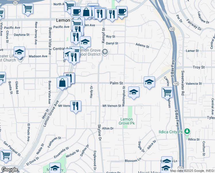 map of restaurants, bars, coffee shops, grocery stores, and more near 2571 Crestline Drive in Lemon Grove