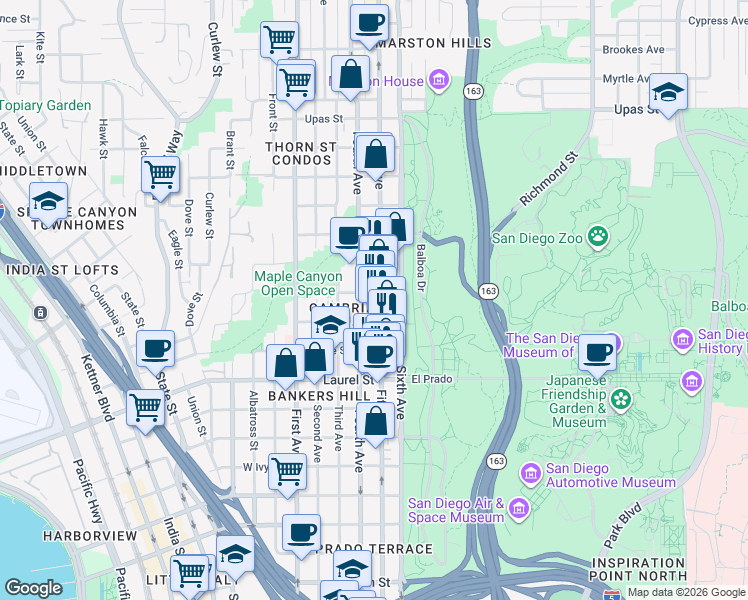 map of restaurants, bars, coffee shops, grocery stores, and more near 105 Olive Street in San Diego