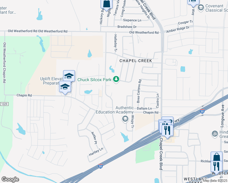 map of restaurants, bars, coffee shops, grocery stores, and more near 2705 Wildridge Court in Fort Worth