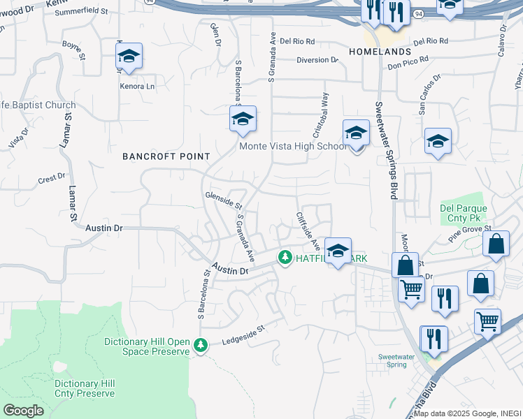 map of restaurants, bars, coffee shops, grocery stores, and more near 3027 Highlands Boulevard in Spring Valley