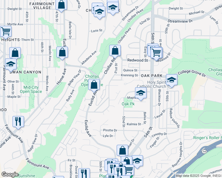 map of restaurants, bars, coffee shops, grocery stores, and more near 5111 Olive Street in San Diego