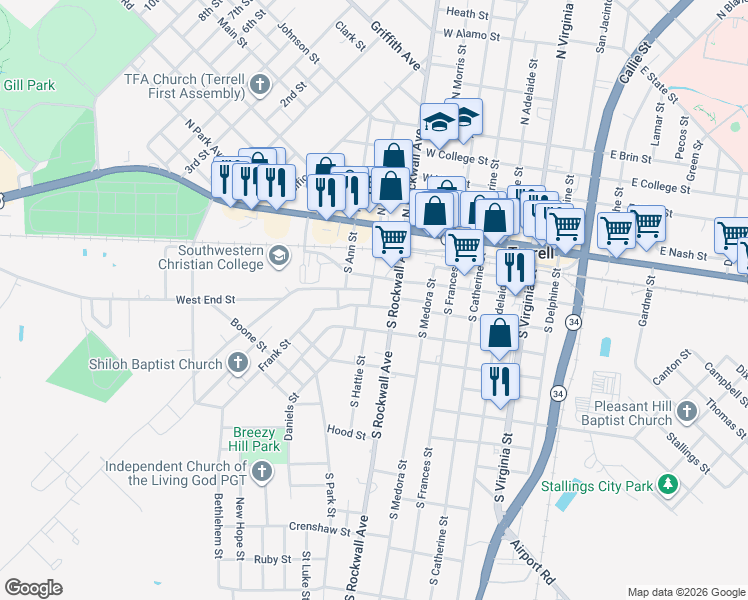 map of restaurants, bars, coffee shops, grocery stores, and more near 405 South Hattie Street in Terrell