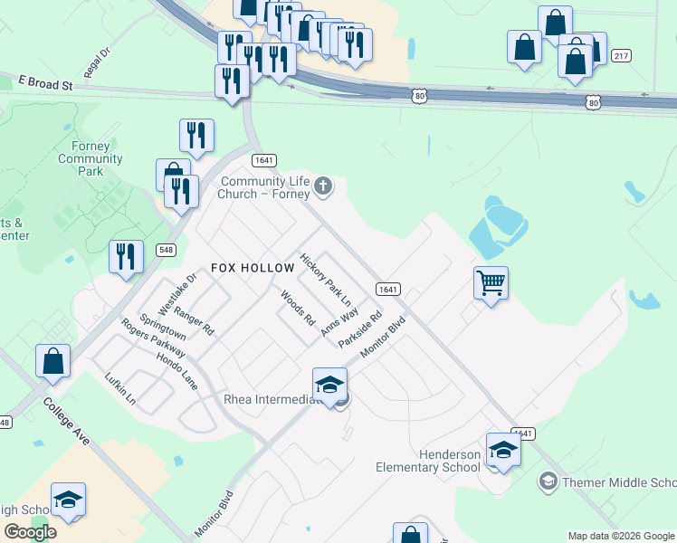 map of restaurants, bars, coffee shops, grocery stores, and more near 1111 Hickory Park Lane in Forney