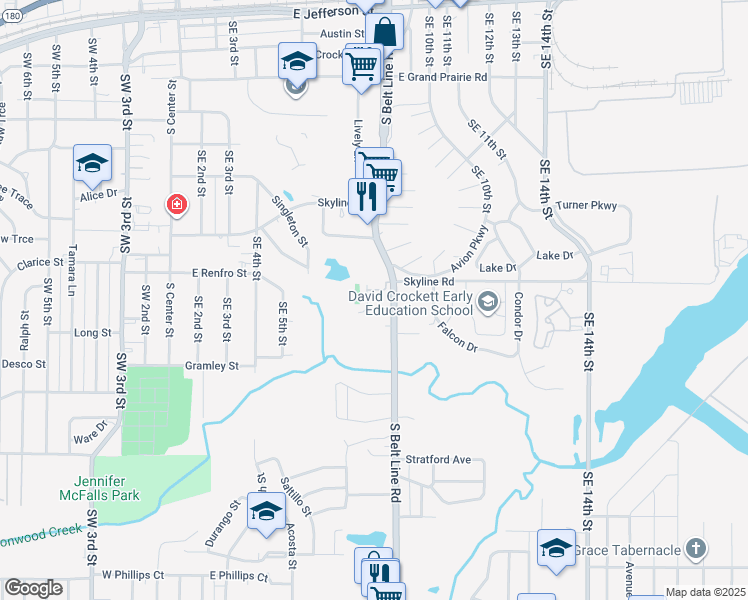 map of restaurants, bars, coffee shops, grocery stores, and more near 1008 South Belt Line Road in Grand Prairie