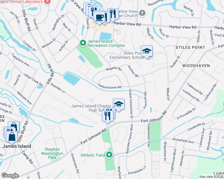 map of restaurants, bars, coffee shops, grocery stores, and more near 966 Harbortowne Road in Charleston