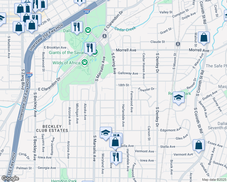 map of restaurants, bars, coffee shops, grocery stores, and more near 1214 South Ewing Avenue in Dallas