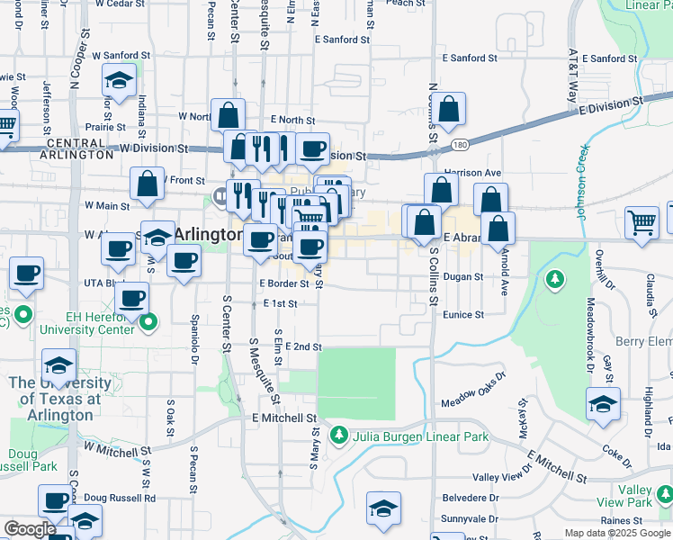 map of restaurants, bars, coffee shops, grocery stores, and more near 400 East South Street in Arlington