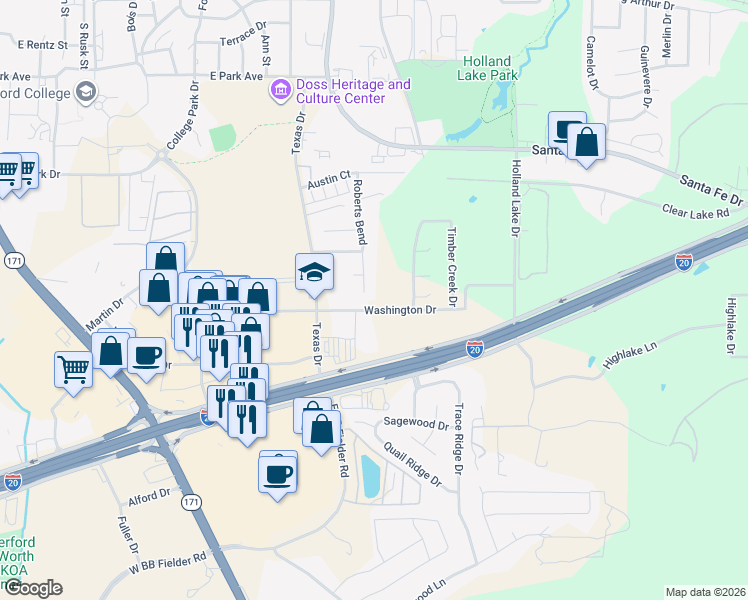 map of restaurants, bars, coffee shops, grocery stores, and more near 1721 Roberts Bend in Weatherford