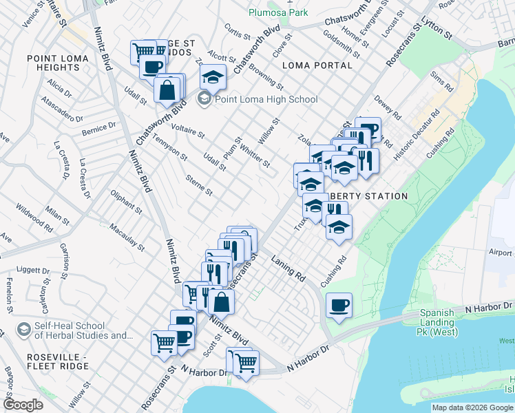 map of restaurants, bars, coffee shops, grocery stores, and more near 2111 Evergreen Street in San Diego