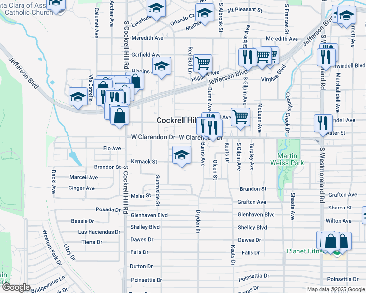 map of restaurants, bars, coffee shops, grocery stores, and more near 4015 Walker Street in Dallas