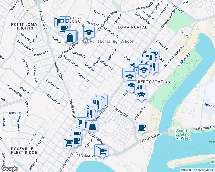 map of restaurants, bars, coffee shops, grocery stores, and more near 2110 Locust Street in San Diego