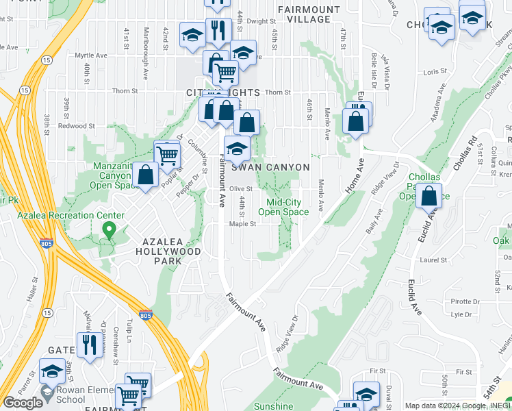 map of restaurants, bars, coffee shops, grocery stores, and more near 2714 Highland Avenue in San Diego