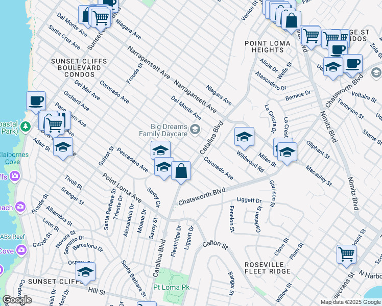 map of restaurants, bars, coffee shops, grocery stores, and more near 4221 Coronado Avenue in San Diego