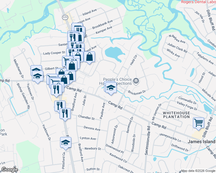 map of restaurants, bars, coffee shops, grocery stores, and more near 71 Oyster Point Row in Charleston