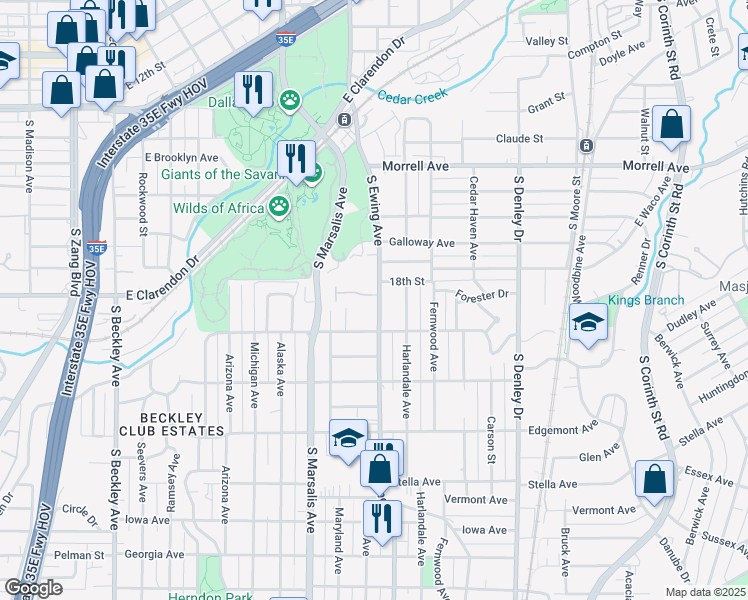 map of restaurants, bars, coffee shops, grocery stores, and more near 1214 South Ewing Avenue in Dallas