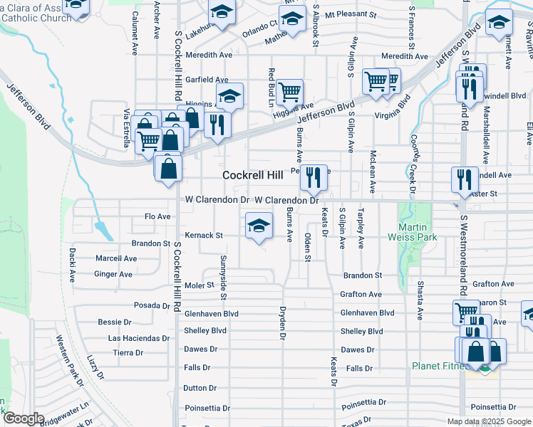 map of restaurants, bars, coffee shops, grocery stores, and more near 4015 Walker Street in Dallas