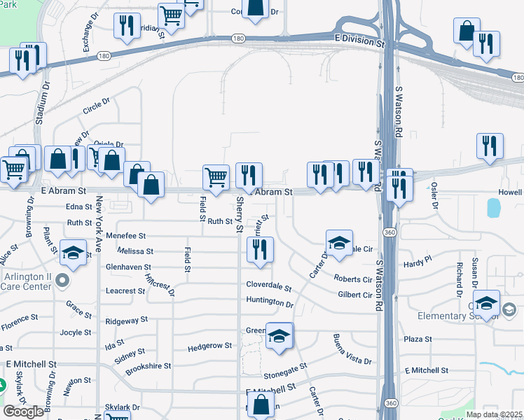 map of restaurants, bars, coffee shops, grocery stores, and more near 2 Roberts Circle in Arlington