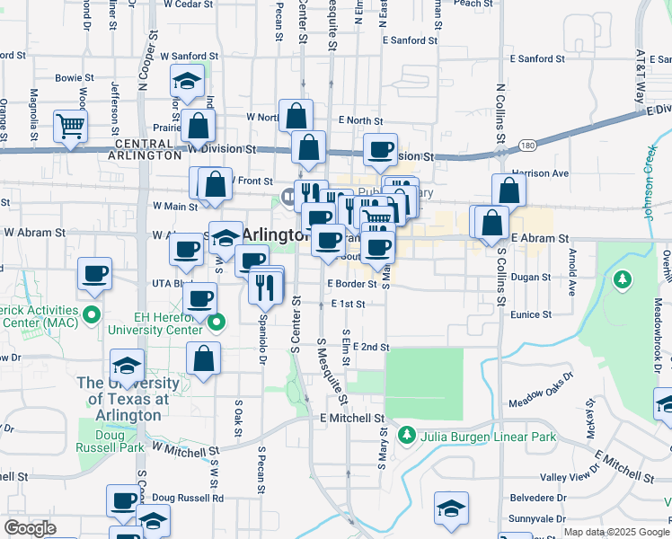 map of restaurants, bars, coffee shops, grocery stores, and more near 200 East South Street in Arlington
