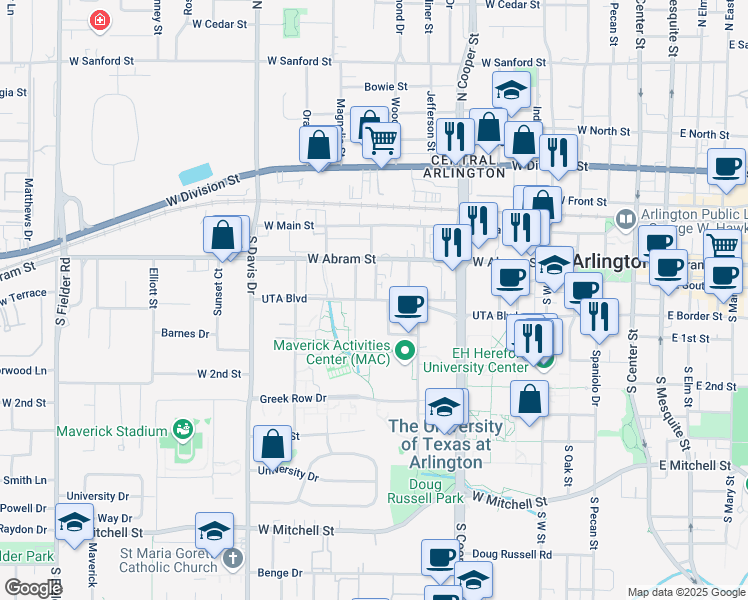 map of restaurants, bars, coffee shops, grocery stores, and more near 229 Kerby Street in Arlington