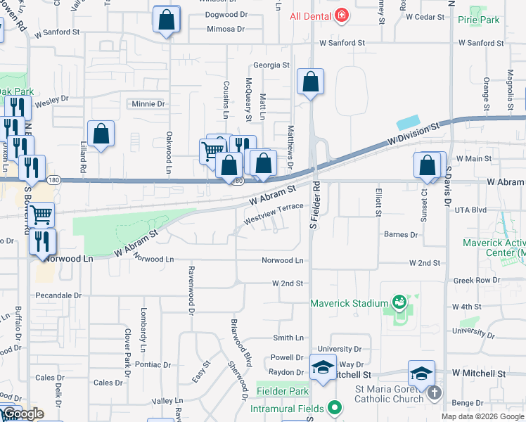 map of restaurants, bars, coffee shops, grocery stores, and more near 1727 Westview Terrace in Arlington
